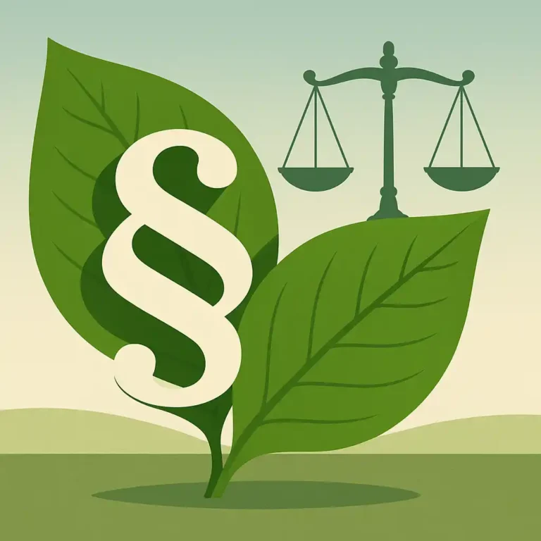 Eine Illustration von zwei grünen Blättern mit einem weißen Paragrafen-Symbol darauf und einer Waage im Hintergrund, die auf Umweltrecht, Gerechtigkeit und den Kampf gegen Greenwashing hinweist.