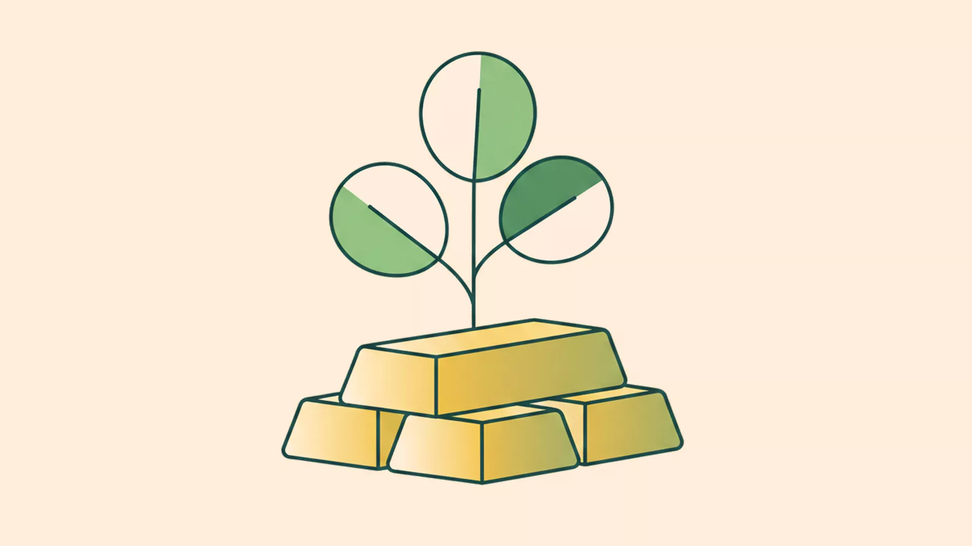 Illustration einer Pflanze mit drei grünen Blättern, die aus einem Stapel von Goldbarren auf einem hellbeigen Hintergrund herauswächst, als Symbol für nachhaltige Investitionsbereiche und finanzielles Wachstum.