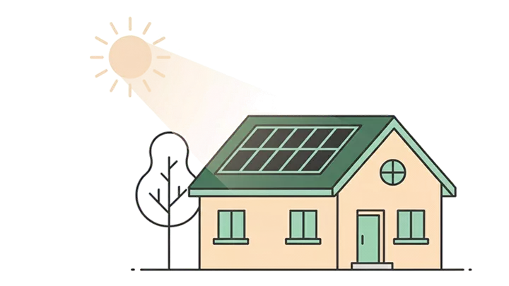 Illustration eines Hauses mit Sonnenkollektoren auf dem Dach, das Sonnenlicht von einer hellen Sonne am Himmel empfängt, als Symbol für nachhaltige Investitionsbereiche und solare Energieerzeugung.