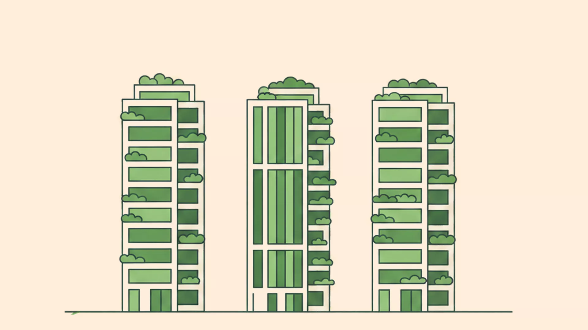 Illustration dreier moderner Hochhäuser mit begrünten Balkonen und Dächern, die reichlich Pflanzen und Bäume aufweisen und nachhaltige Investitionsbereiche und umweltfreundliche Stadtarchitektur symbolisieren.