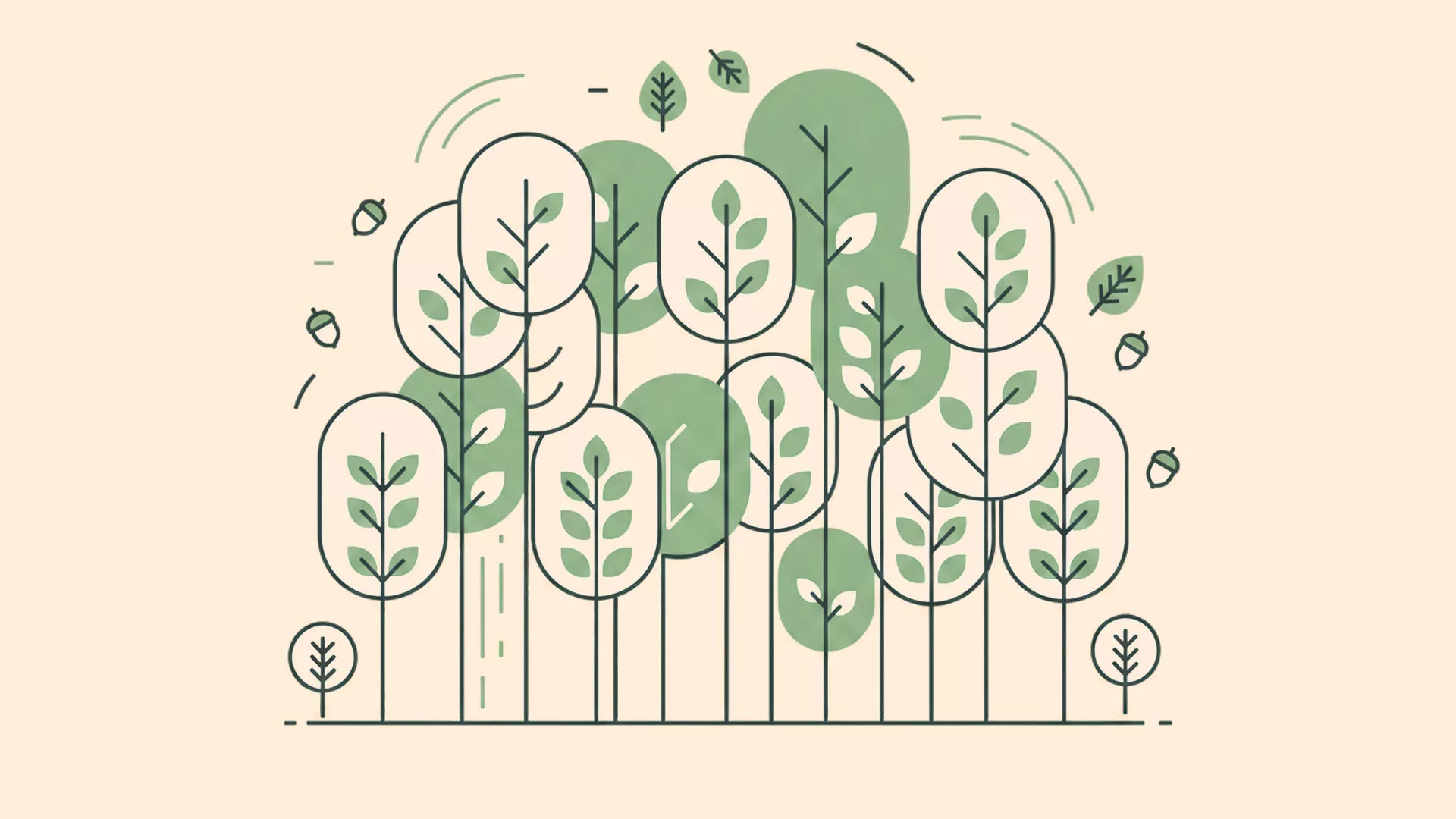 Minimalistische Illustration einer Gruppe hoher, stilisierter Bäume mit grünen Kronen und kleinen Blättern, die an nachhaltige Investitionsbereiche erinnern, vor einem hellen Hintergrund mit fließenden Blättern und Linien, die Bewegung in der Luft suggerieren.