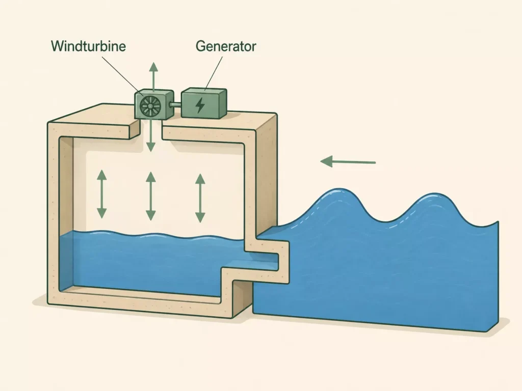 Das Diagramm zeigt, wie Meereswellen ein Wellenkraftwerk antreiben, indem Luft durch eine Kammer gedrückt wird, die eine Windturbine antreibt, die mit einem darüber liegenden Generator verbunden ist. Die Beschriftung der Windturbine und des Generators veranschaulicht, wie die Wellenenergie in Strom umgewandelt wird.