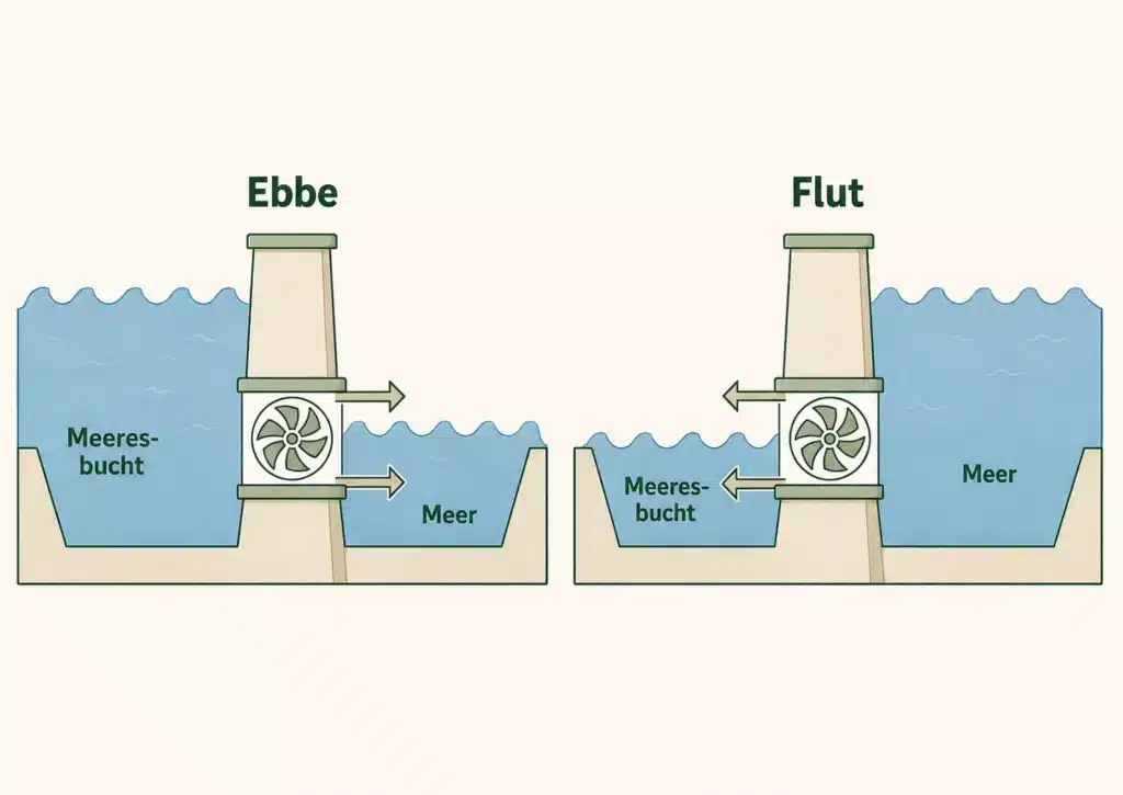 Schematische Darstellung der Funktionsweise eines Gezeitenkraftwerks: Bei Ebbe fließt das Wasser von der Meeresbucht ins Meer und treibt eine Turbine an; bei Flut fließt das Wasser zurück und treibt wiederum die Turbine an.