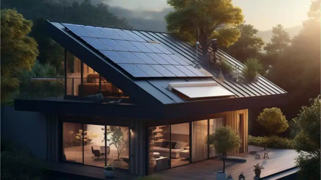 Haus in Natur bei Sonnenschein mit Solaranlage