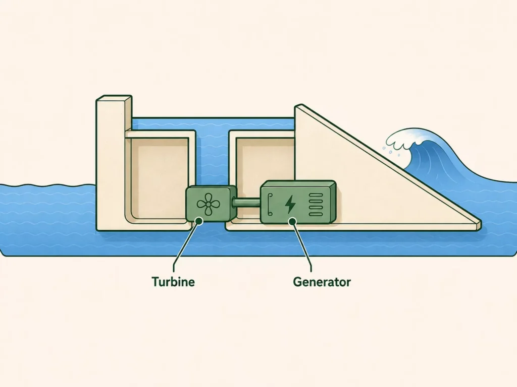 Schema eines Wellenkraftwerks, bei dem Wasser eine Turbine antreibt, die mit einem Generator verbunden ist, der Strom erzeugt. Beschriftungen kennzeichnen die Komponenten der Turbine und des Generators. Die Wellen sind auf der rechten Seite zu sehen.
