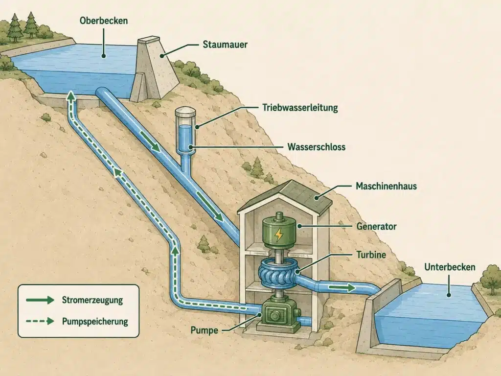 Schema eines Speicherkraftwerks: Wasser fließt zwischen Ober- und Unterbecken durch Rohre, Turbine, Generator, Pumpe, Krafthaus und Damm; Pfeile zeigen Stromerzeugung und -speicherung an.