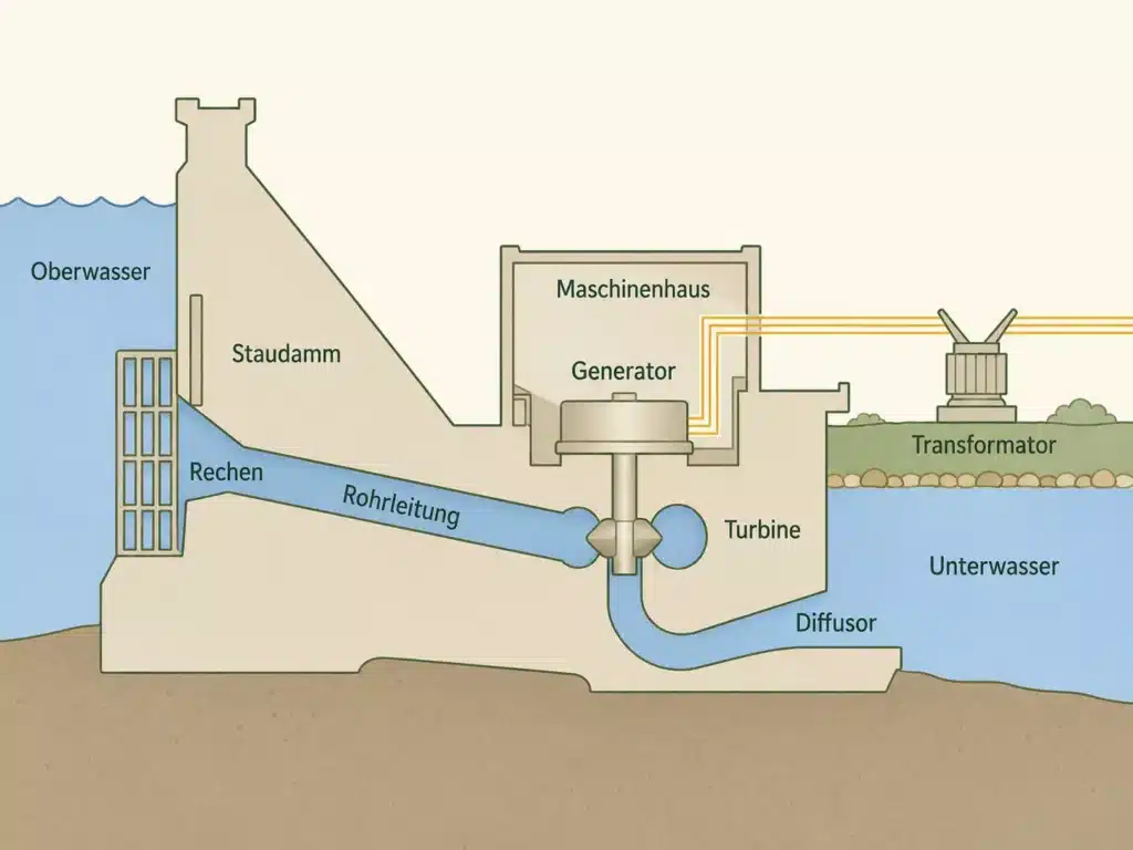 Querschnittsdarstellung, die den Aufbau eines Wasserkraftwerks veranschaulicht und den Wasserfluss vom Stausee durch den Damm, die Rohrleitung und die Turbine zur Stromerzeugung zeigt, wobei der erzeugte Strom über einen Transformator übertragen wird. Alle Beschriftungen sind auf Deutsch.
