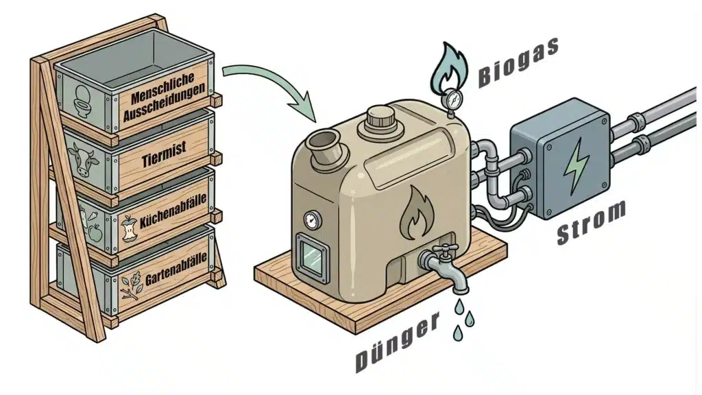 Ein Diagramm zeigt Abfallbehälter mit den Bezeichnungen menschliche Abfälle, Tierdung, Küchenabfälle und Gartenabfälle, die zu einer Biogasanlage für Zuhause führen, die Dünger, Biogas und Strom produziert.