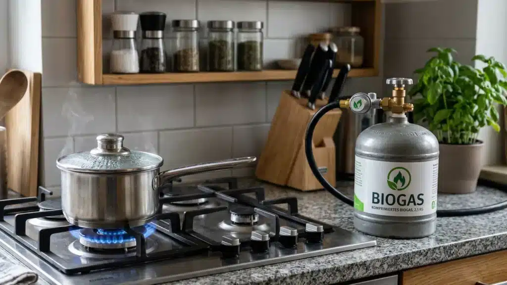 Ein Edelstahltopf mit Glasdeckel wird auf einem beleuchteten Gasherd erhitzt, der über einen Schlauch mit einem beschrifteten Zylinder der Biogasanlage für Zuhause auf der Küchenarbeitsplatte verbunden ist. Gewürzgläser, Messer und eine Basilikumpflanze sorgen für Charme im Hintergrund.