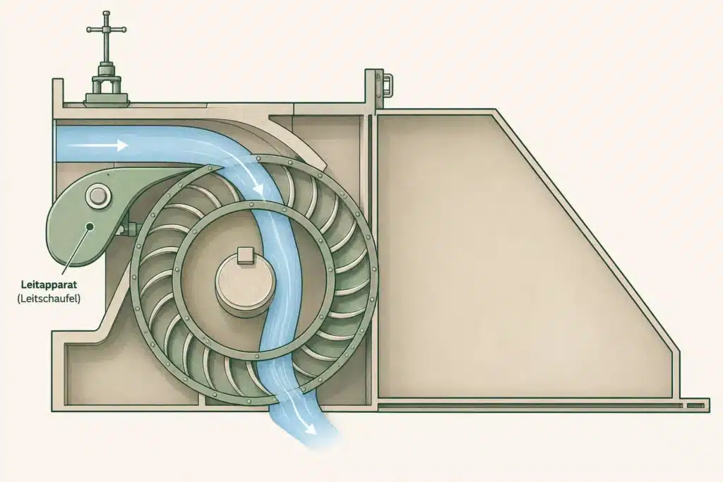 Querschnittsdarstellung einer Wasserturbine im Wasserkraftwerk Arten, die zeigt, wie das Wasser in ein Spiralgehäuse eintritt, durch verstellbare Leitschaufeln (mit Leitapparat bezeichnet) fließt und das Turbinenrad dreht, bevor es austritt.