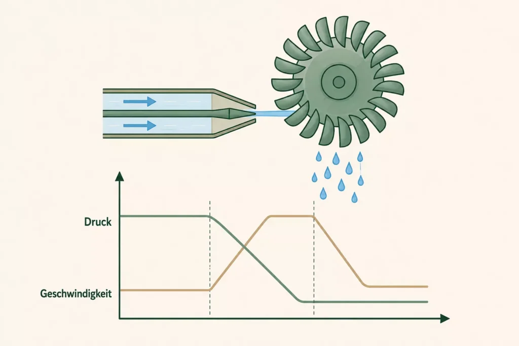Schema einer Pelton-Turbine, einer Wasserkraftwerk-Art: Der Wasserstrahl trifft auf die Turbinenschaufeln und dreht das Rad. Unten zeigt ein Diagramm, wie der Druck abnimmt und die Geschwindigkeit im Wasserstrom erst steigt und dann fällt.