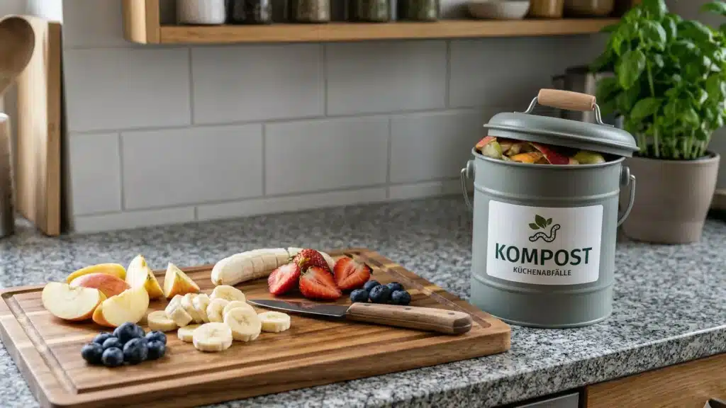 Eine Küchenarbeitsplatte mit einem Schneidebrett, auf dem Bananen-, Apfel-, Erdbeer- und Blaubeerscheiben liegen, steht neben einer Komposttonne mit der Aufschrift Kompost Küchenabfälle, gefüllt mit Obstresten - perfekt für eine Biogasanlage für Zuhause. Im Hintergrund steht eine Basilikumpflanze.
