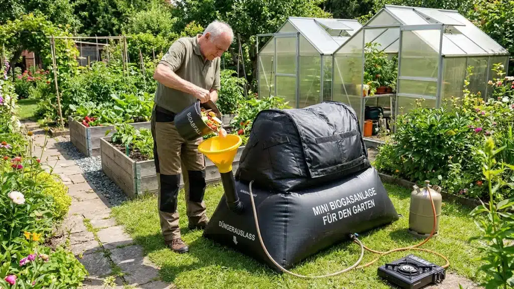 Ein älterer Mann schüttet Küchenabfälle in einen gelben Trichter, der an einer schwarzen Biogasanlage für Zuhause in einem üppigen Garten mit Hochbeeten und Gewächshäusern im Hintergrund angebracht ist.