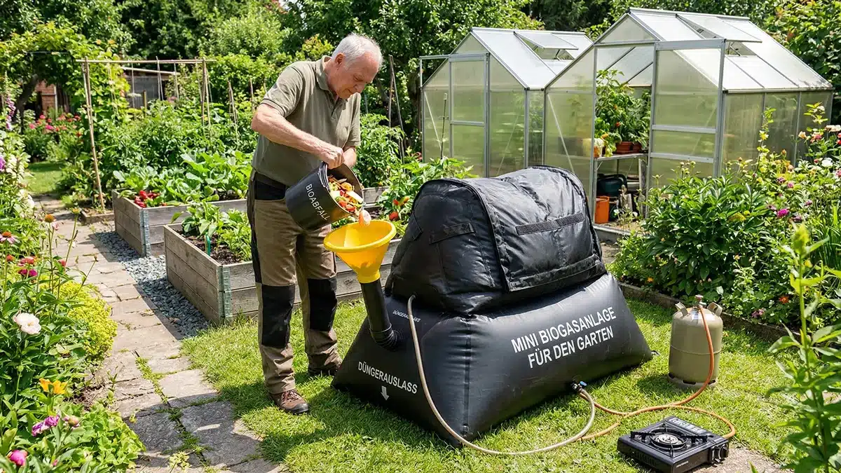 Ein älterer Mann schüttet Küchenabfälle in einen gelben Trichter, der an einer schwarzen Biogasanlage für Zuhause in einem üppigen Garten mit Hochbeeten und Gewächshäusern im Hintergrund angebracht ist.
