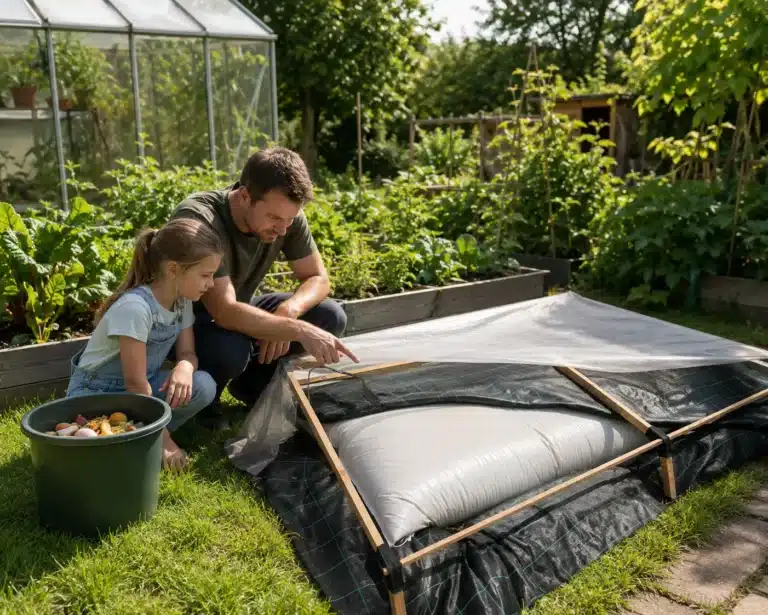 Ein Mann und ein Mädchen knien neben einem abgedeckten Beet und betrachten gemeinsam etwas – vielleicht überlegen sie, wie ihre Ernte einer Biogasanlage für Zuhause zugutekommen könnte. In der Nähe steht ein Eimer mit geerntetem Gemüse, im Hintergrund sind grüne Pflanzen und ein Gewächshaus zu sehen.