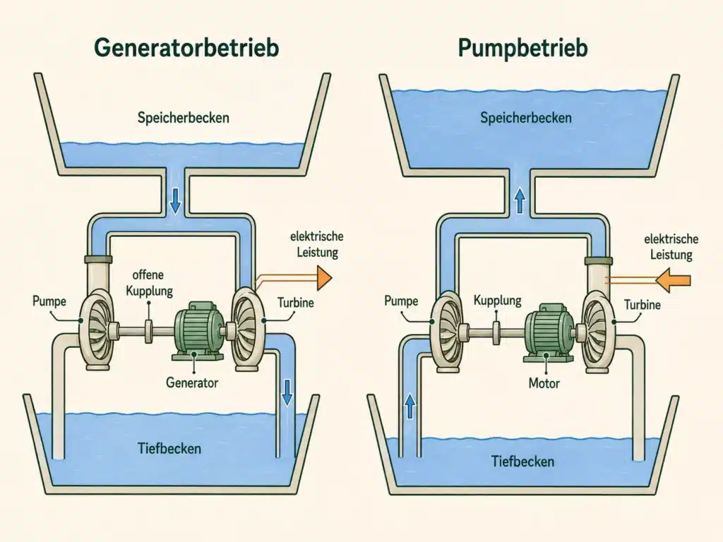 Das Diagramm vergleicht den Generatorbetrieb und den Pumpbetrieb in einem Pumpspeicherkraftwerk und zeigt den Wasserfluss, die Turbinen, den Generator/Motorbetrieb und die Richtung der elektrischen Energie.