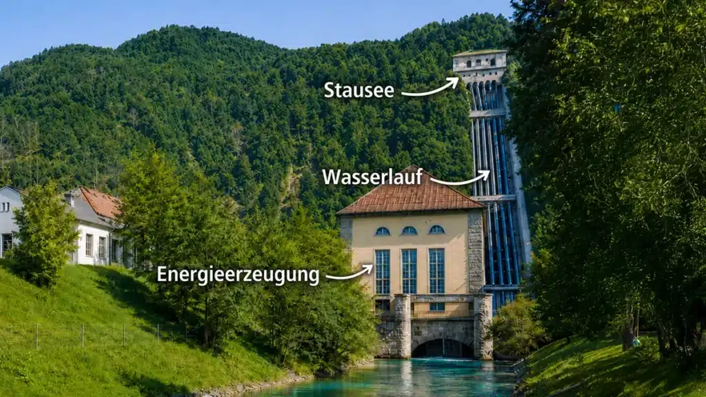 Ein Speicherkraftwerk in einem bewaldeten Tal, mit beschrifteten Pfeilen in deutscher Sprache, die auf Stausee, Wasserlauf und Energieerzeugung hinweisen.