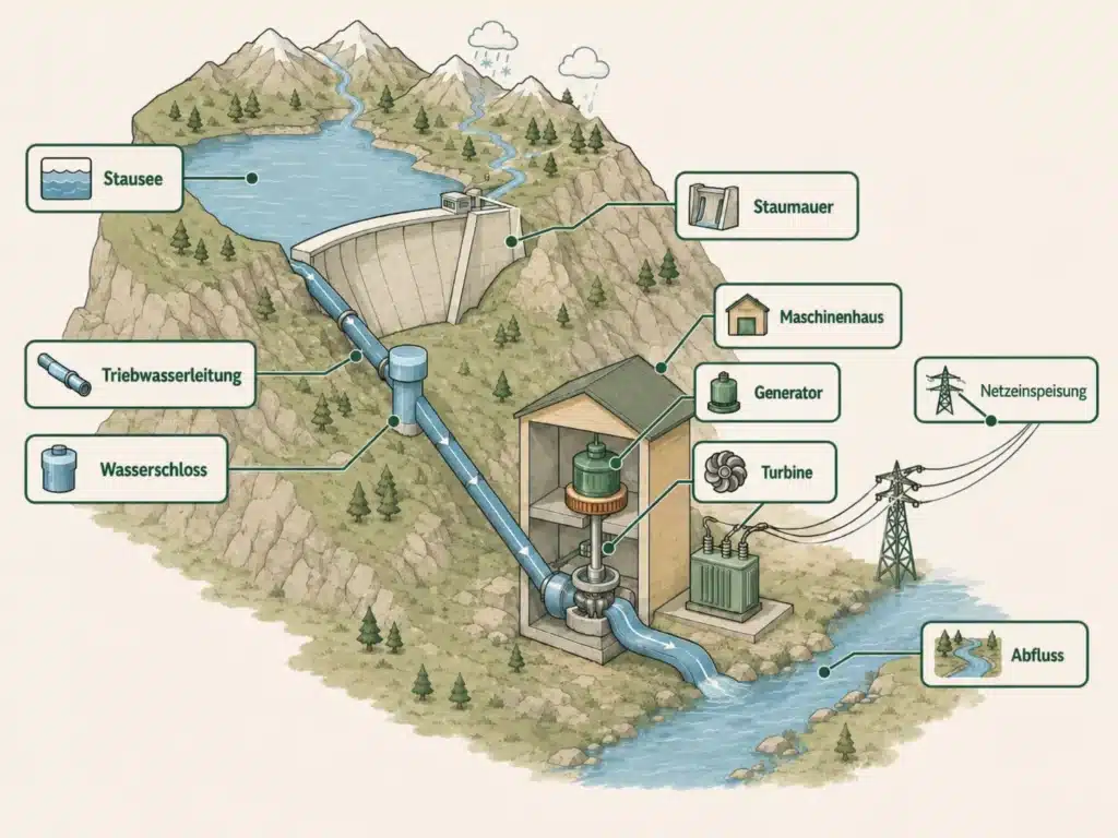 Schema eines Speicherkraftwerks, das zeigt, wie Wasser aus einem Stausee durch einen Damm, eine Druckleitung und eine Turbine in einen Fluss fließt, mit beschrifteten Teilen wie Generator, Maschinenhaus und Stromleitungen.