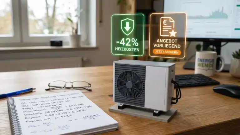 Ein kleines Wärmepumpenmodell liegt auf einem Schreibtisch, daneben ein Notebook, eine Brille und ein Stift. Schwebende Icons zeigen -42% Heizkosten und Angebot vorliegend, jetzt sichern. Im Hintergrund zeigt ein Computerbildschirm den Wärmepumpenrechner mit Diagrammen.