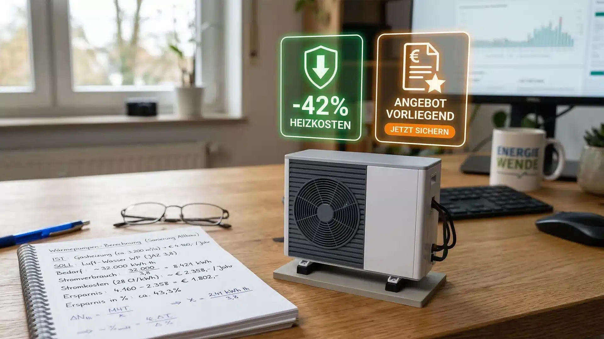 Ein kleines Wärmepumpenmodell liegt auf einem Schreibtisch, daneben ein Notebook, eine Brille und ein Stift. Schwebende Icons zeigen -42% Heizkosten und Angebot vorliegend, jetzt sichern. Im Hintergrund zeigt ein Computerbildschirm den Wärmepumpenrechner mit Diagrammen.