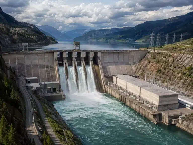 Ein großer Staudamm, an dem verschiedene Wasserkraftwerk-Arten zu sehen sind, lässt Wasser durch seine Überläufe in einen Fluss ab, der von Bergen und einem teilweise bewölkten Himmel umgeben ist.