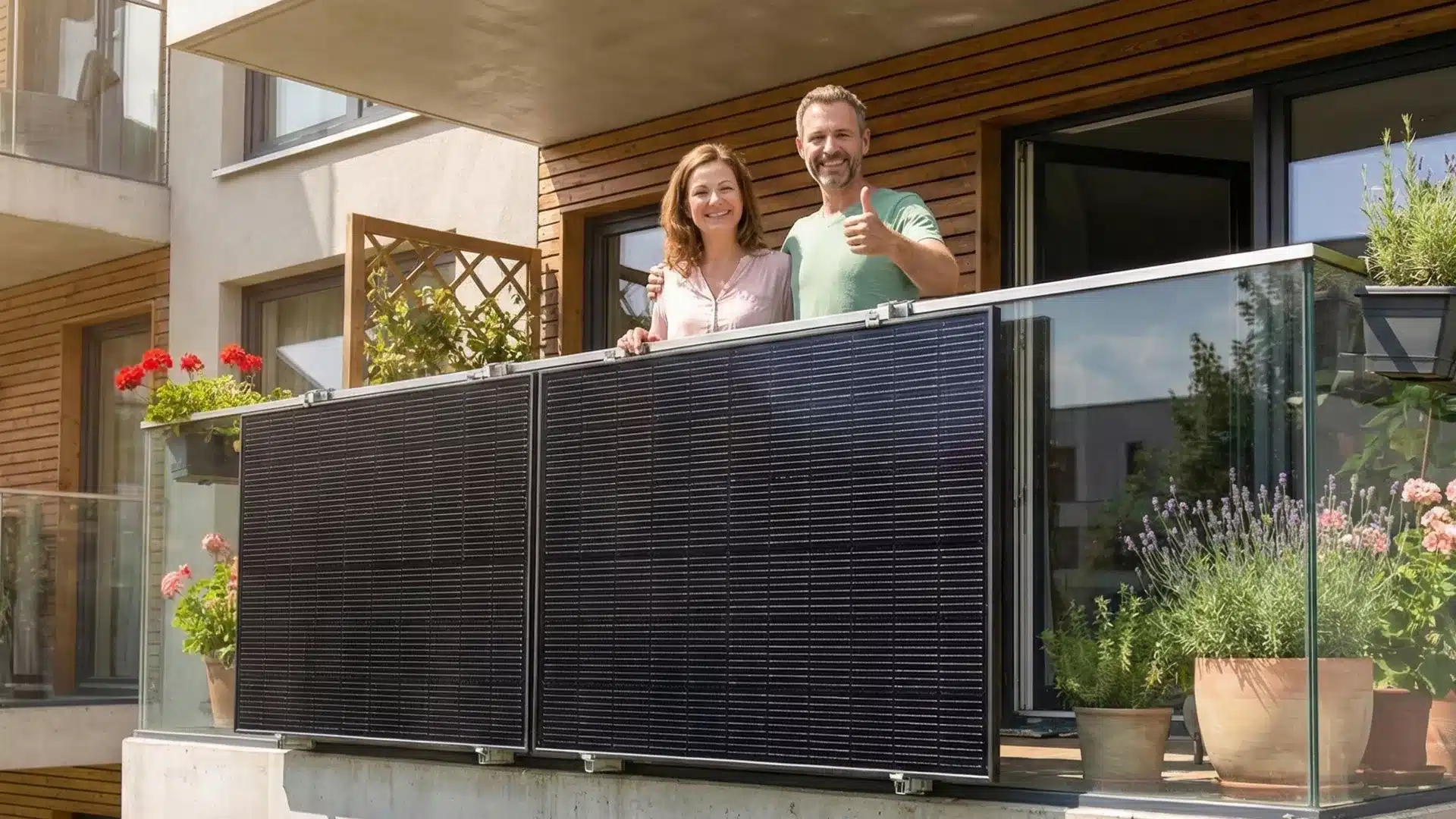 Ein lächelndes Paar steht auf einem Balkon mit Glasgeländer, hinter zwei großen Sonnenkollektoren eines führenden Balkonkraftwerk-Anbieters. Auf dem Balkon stehen Topfpflanzen und Blumen vor der Kulisse eines modernen Wohnhauses.