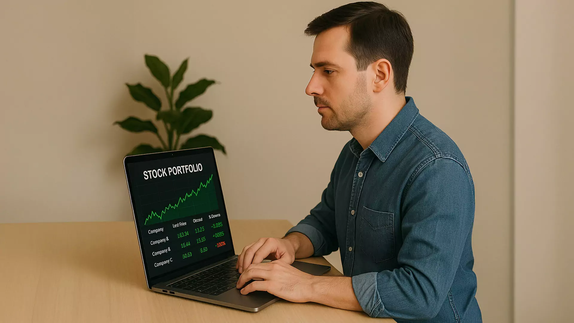 Ein Mann im Jeanshemd sitzt an einem Schreibtisch mit einem Laptop, auf dem ein Aktienportfolio mit einer steigenden Kurve und grünen Zahlen angezeigt wird, und erkundet Möglichkeiten, nachhaltig zu investieren. Eine Topfpflanze steht im Hintergrund.