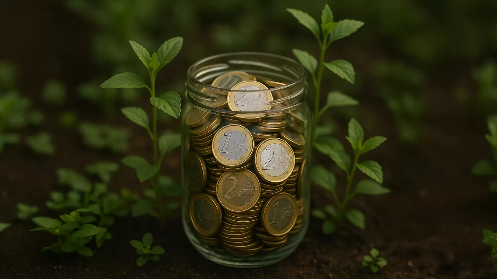 Ein mit Euro-Münzen gefülltes Glasgefäß steht auf dunkler Erde, umgeben von kleinen grünen Pflanzen und Setzlingen, die das Konzept des nachhaltigen Investierens und des finanziellen Wachstums im Einklang mit der Natur veranschaulichen.
