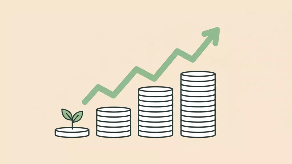 Eine einfache Illustration, die eine kleine Pflanze neben immer höher werdenden Münzstapeln zeigt, mit einem nach oben zeigenden grünen Pfeil über den Stapeln, symbolisiert finanzielles Wachstum oder Anlageerfolg durch nachhaltige Aktien.
