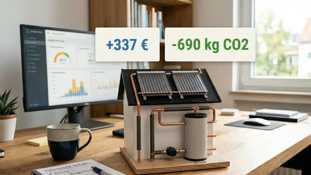 Ein Modellhaus mit Sonnenkollektoren steht auf einem Holztisch, daneben ein Computer, der Energiedaten anzeigt, und ein Solarthermie-Rechner. Die Einblendungen zeigen +337 € und -690 kg CO2, was auf finanzielle Einsparungen und geringere Kohlenstoffemissionen hinweist.