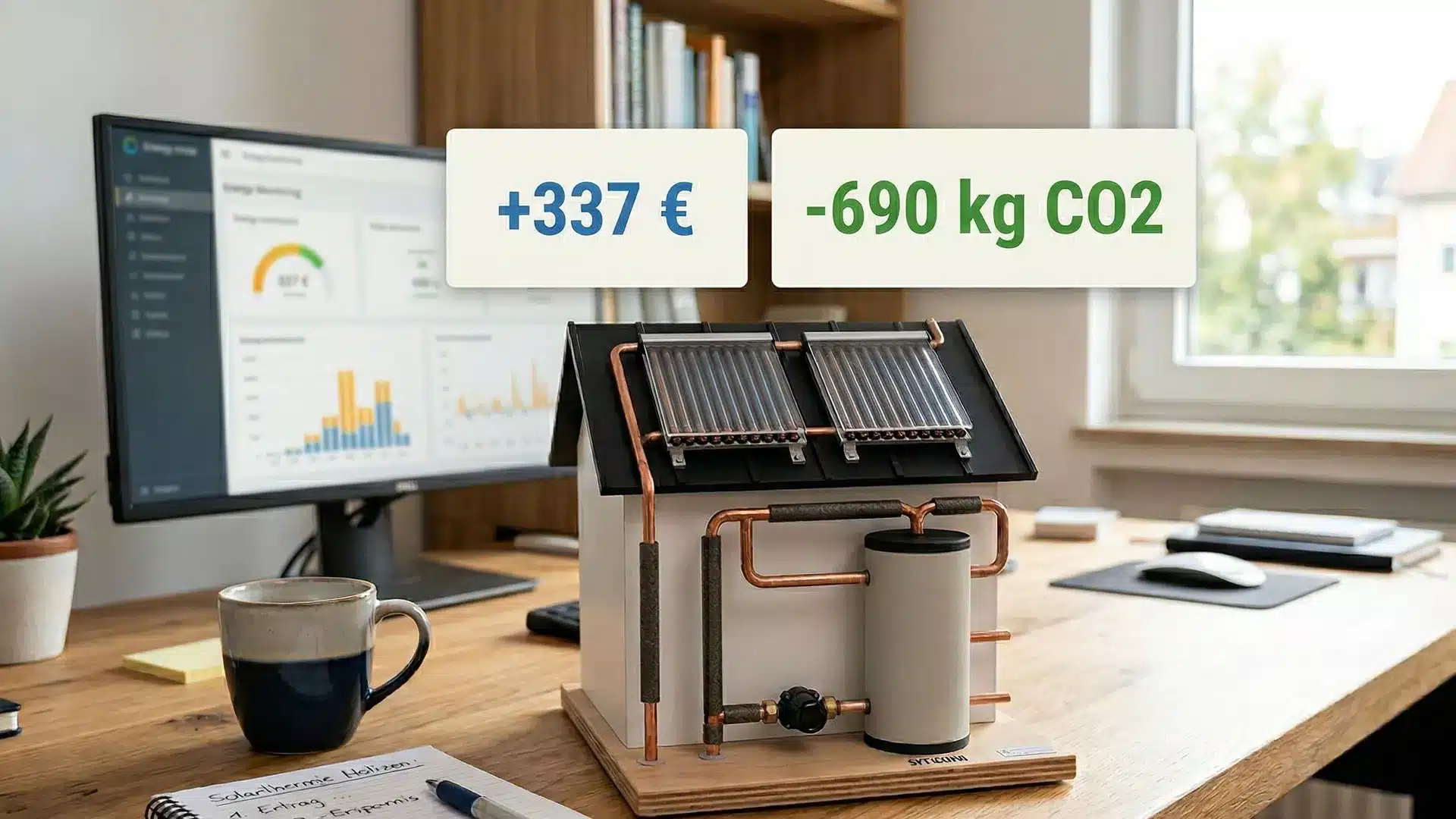 Ein Modellhaus mit Sonnenkollektoren steht auf einem Holztisch, daneben ein Computer, der Energiedaten anzeigt, und ein Solarthermie-Rechner. Die Einblendungen zeigen +337 € und -690 kg CO2, was auf finanzielle Einsparungen und geringere Kohlenstoffemissionen hinweist.