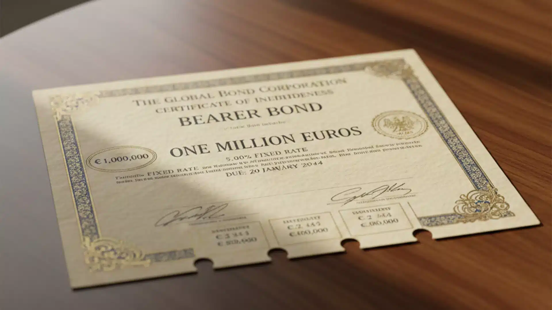 Nahaufnahme eines formellen Inhaberschuldverschreibungszertifikats der Global Bond Corporation im Wert von einer Million Euro mit verzierten Rändern, Unterschriften und Stanzlöchern am unteren Rand, die an klassische grüne Anleihen erinnern, die auf einer hölzernen Unterlage liegen.