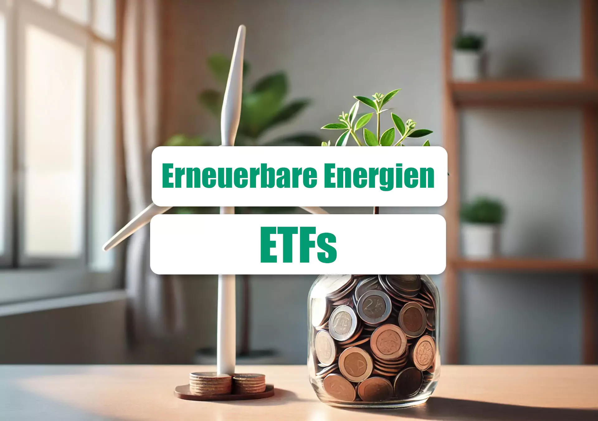 Geld, Pflanzen und Windrad auf Tisch mit Überschrift Erneuerbare Energien ETFs