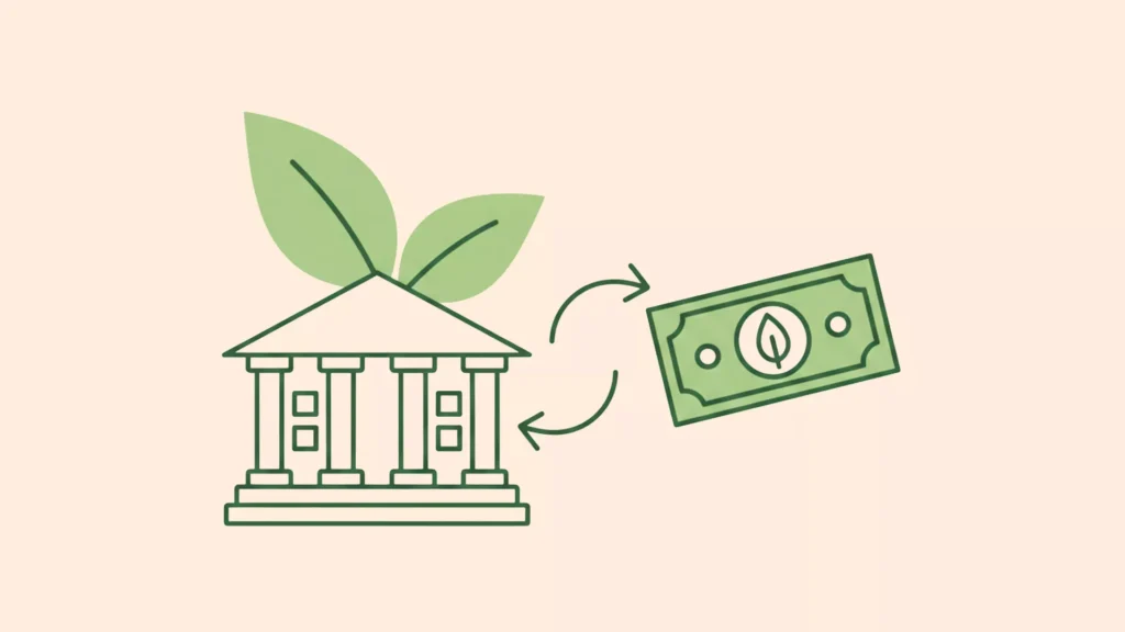 Illustration eines Bankgebäudes mit Blättern auf dem Dach und einer Dollarnote mit einem Blatt, dazwischen Pfeile, die auf umweltfreundliche Finanzen und grüne Anleihen im nachhaltigen Bankwesen hinweisen.