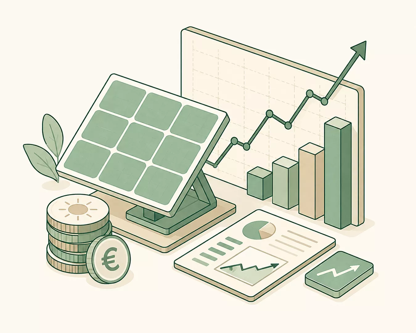 Abbildung eines Solarmoduls, gestapelter Münzen mit einem Euro-Symbol, Diagrammen und einer nach oben verlaufenden Kurve, die für finanzielles Wachstum und Investitionen in erneuerbare Energien wie Solaraktien stehen.
