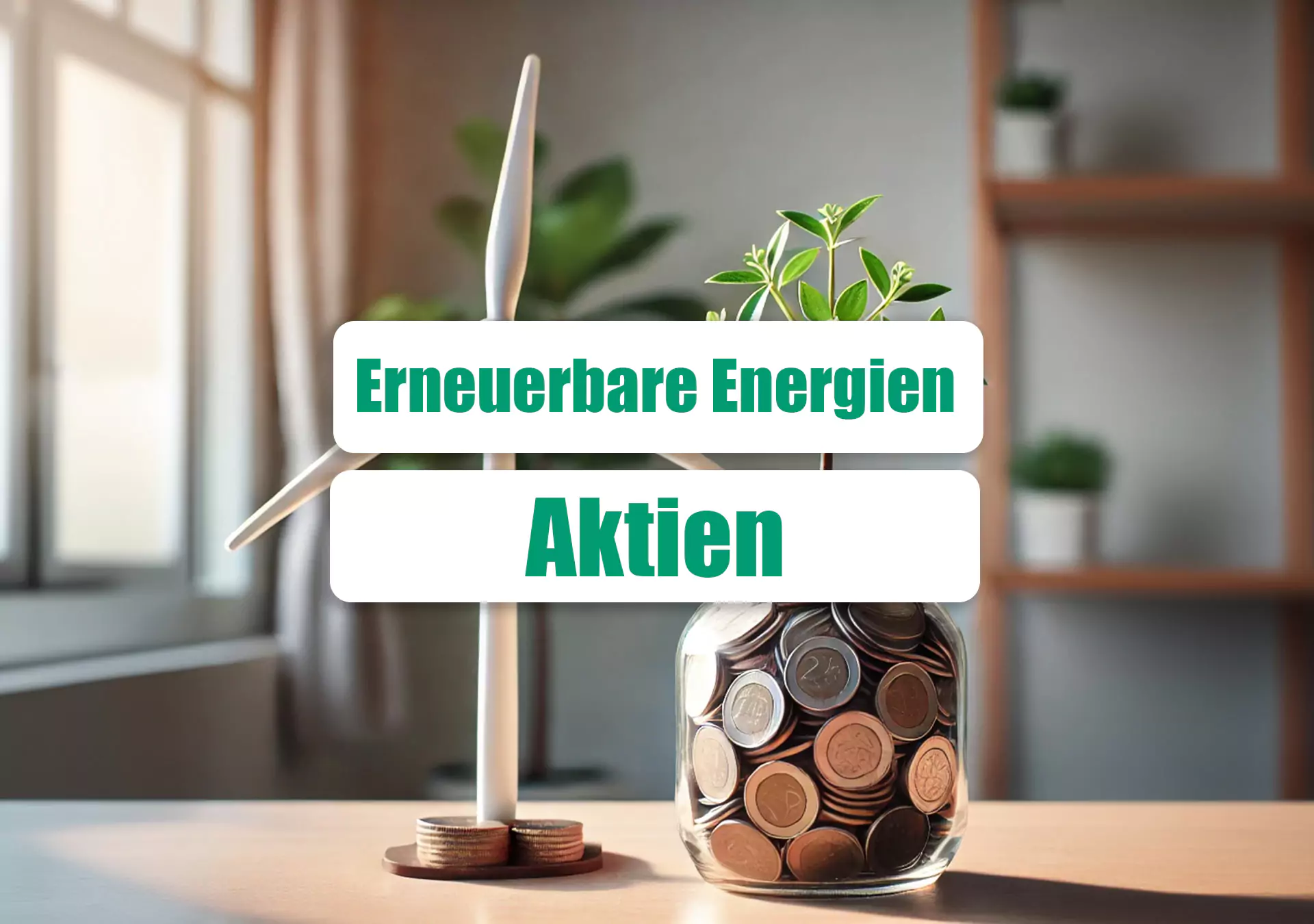 geldglas mit windrad und aufschrift erneuerbare energien aktien