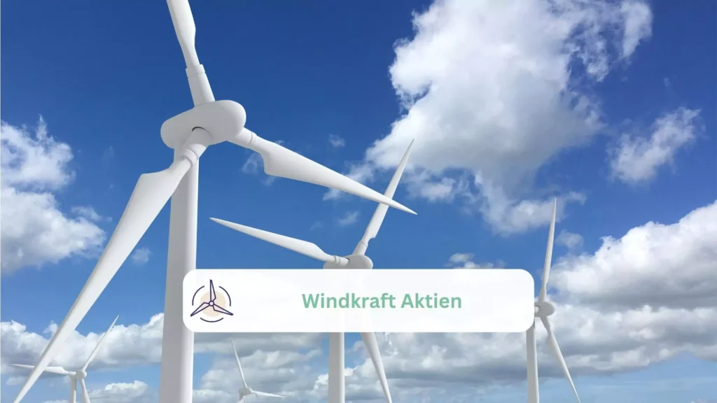 windkraftanlagen bei blauem himmel mit aufschrift in windenergie aktien investieren