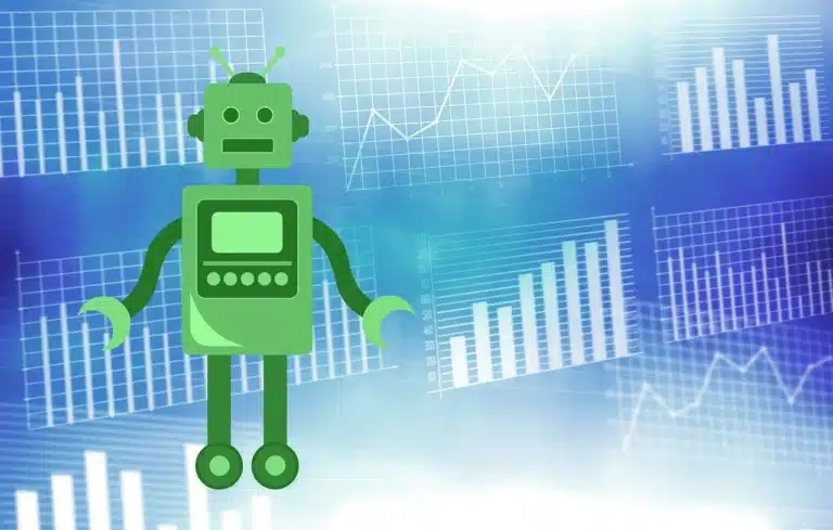 Ein grüner Robo-Advisor mit Antennen steht vor einem Hintergrund aus blauen Grafiken und Diagrammen und verkörpert Datenanalyse oder Automatisierung. Die mit Linien und Balken gefüllten Diagramme deuten auf statistische Trends oder finanzielle Erkenntnisse hin.