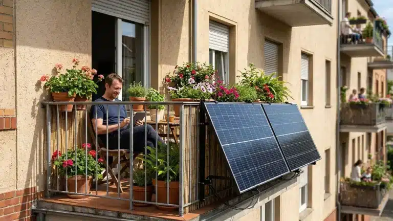 Ein Mann sitzt auf einem kleinen Balkon, umgeben von Topfpflanzen, und arbeitet an einem Tablet. Am Geländer sind zwei Sonnenkollektoren aus seinem jüngsten Balkonkraftwerk Vergleich angebracht, während auf dem Wohnhaus ähnliche mit Pflanzen bepflanzte Balkone zu sehen sind.