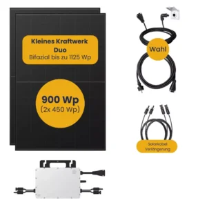 Das Bild zeigt zwei bifaciale Solarmodule mit der Bezeichnung Kleines Kraftwerk Duo, einen Mikro-Wechselrichter, Kabelwahl (Wahl), Solarkabel Verlängerung und eine Gesamtleistung von 900 Wp (2x 450 Wp) - ideal für Ihren Balkonkraftwerk Vergleich.