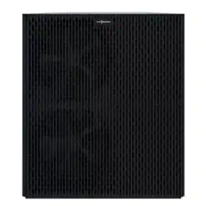 Ein schwarzes Viessmann Wärmepumpengerät in vertikaler, rechteckiger Form mit einer Frontplatte, die ein gitterartiges Gittermuster aufweist. Oben in der Mitte befindet sich das Viessmann Logo - ideal für alle, die eine Wärmepumpe kaufen möchten.