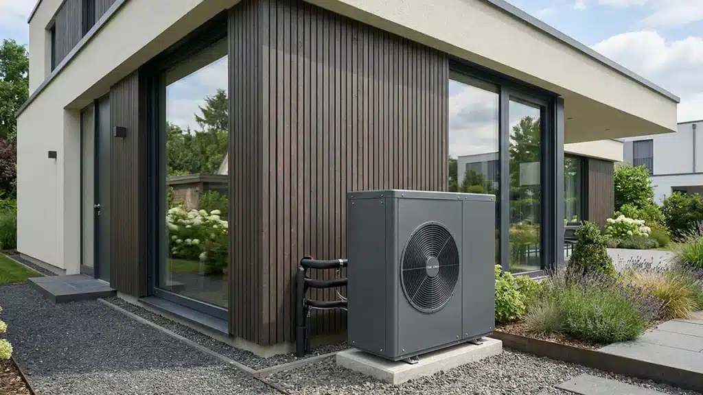 Ein modernes Haus mit großen Glasfenstern und Holzvertäfelung ist mit einer Wärmepumpe kaufen ausgestattet, die auf einer Betonplatte neben einer Grünanlage und Kieswegen installiert ist.