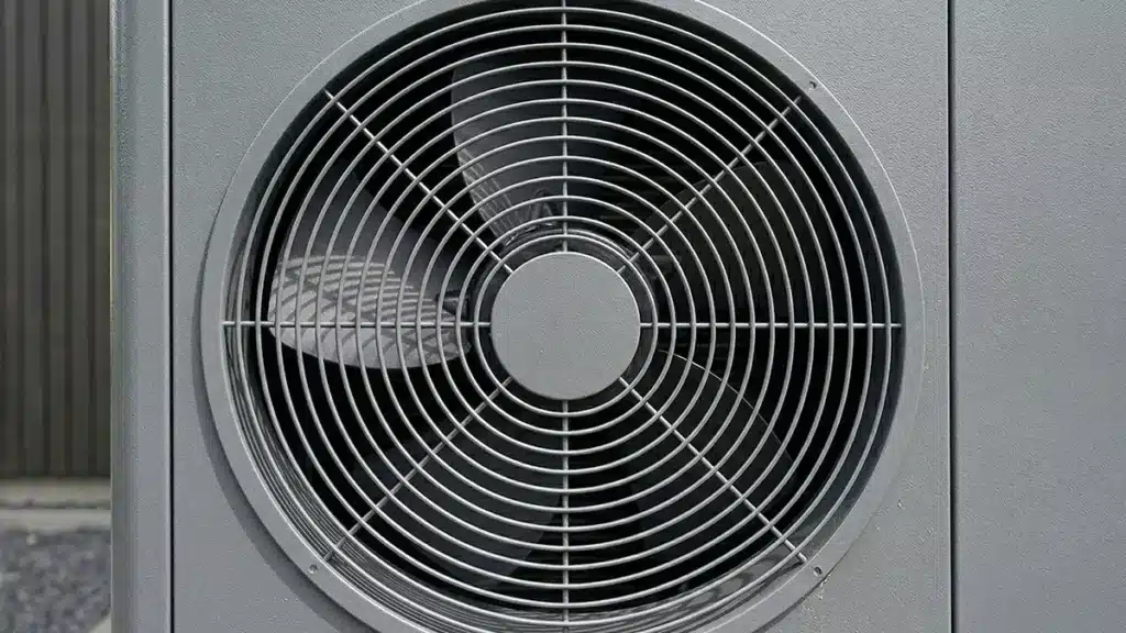 Nahaufnahme eines großen, runden Lüftungsgebläses mit Metallgittern auf einem grauen Industriegerät, das wahrscheinlich Teil eines HVAC- oder Klimasystems ist - ideal für alle, die eine Wärmepumpe kaufen möchten. Der Hintergrund ist leicht unscharf.