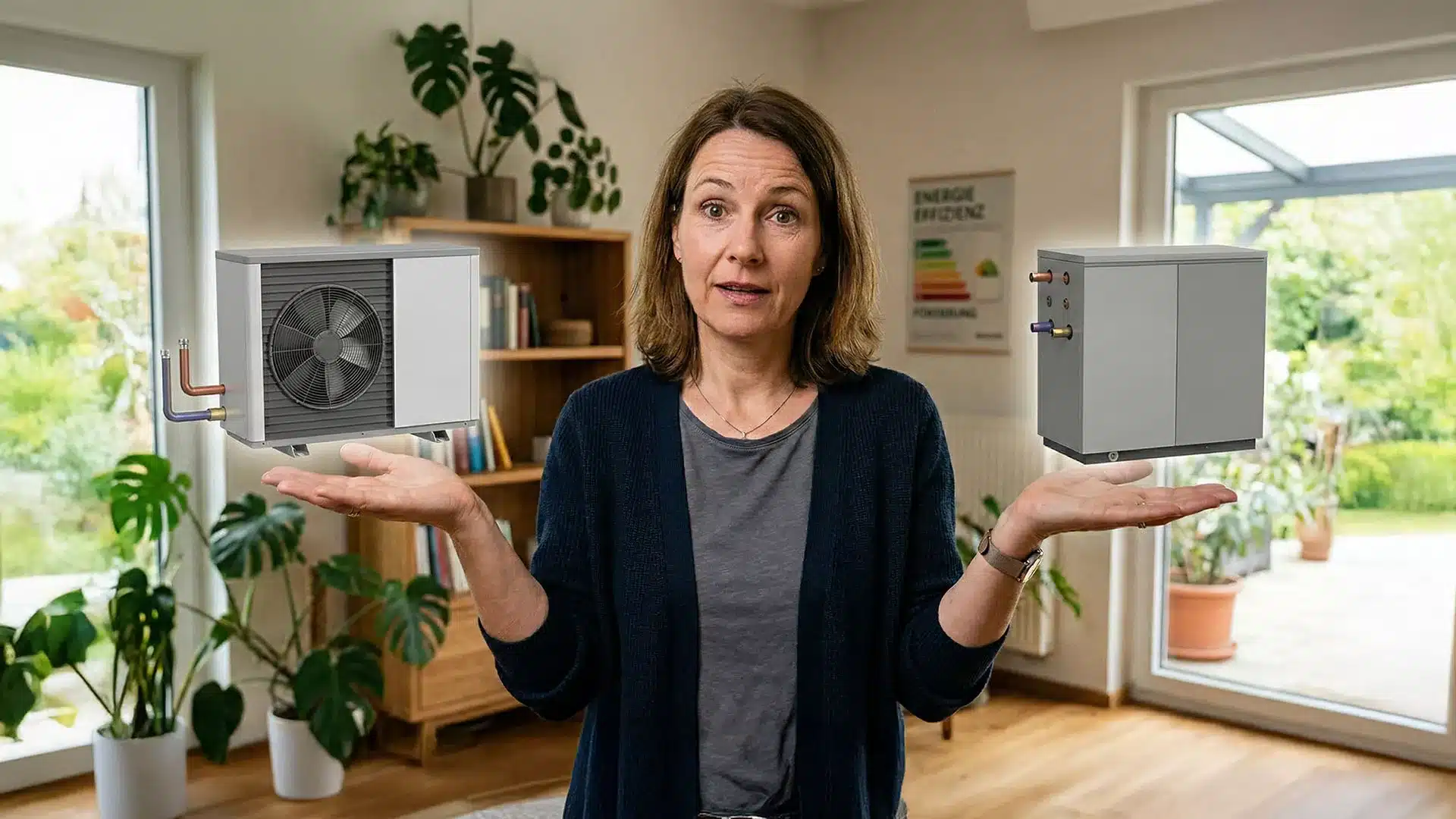 Eine Frau steht im Haus und streckt ihre Hände aus, über jeder Palme schwebt die Abbildung einer Wärmepumpe - eine einladende Szene, die nahelegt, warum Sie eine Wärmepumpe kaufen sollten, um ein helles, natürlich beleuchtetes Haus mit üppigen Grünpflanzen zu haben.