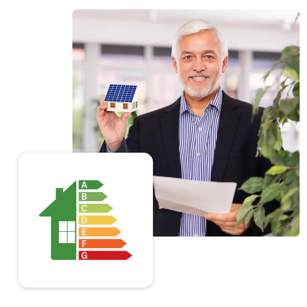 Mann mit Modellhaus in Hand und Symbol für Energieeffizientes Wohnen