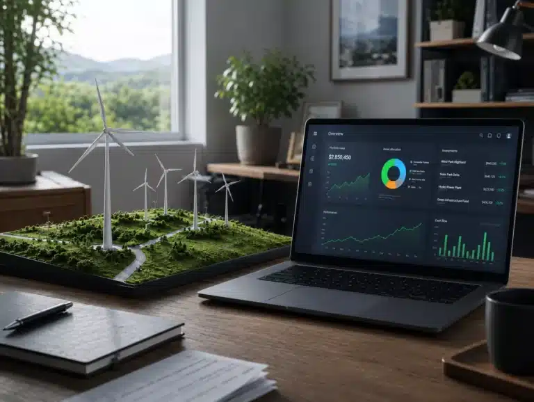 Auf einem Schreibtisch neben einem Windpark-Modell steht ein Laptop, auf dem Finanzdiagramme zu sehen sind, was auf Investitionsmöglichkeiten in Windparks hindeutet. Daneben liegen Papiere, ein Stift und Pflanzen, und durch das Fenster ist Grün zu sehen, was auf einen Schwerpunkt auf nachhaltige Energie und Finanzen hindeutet.