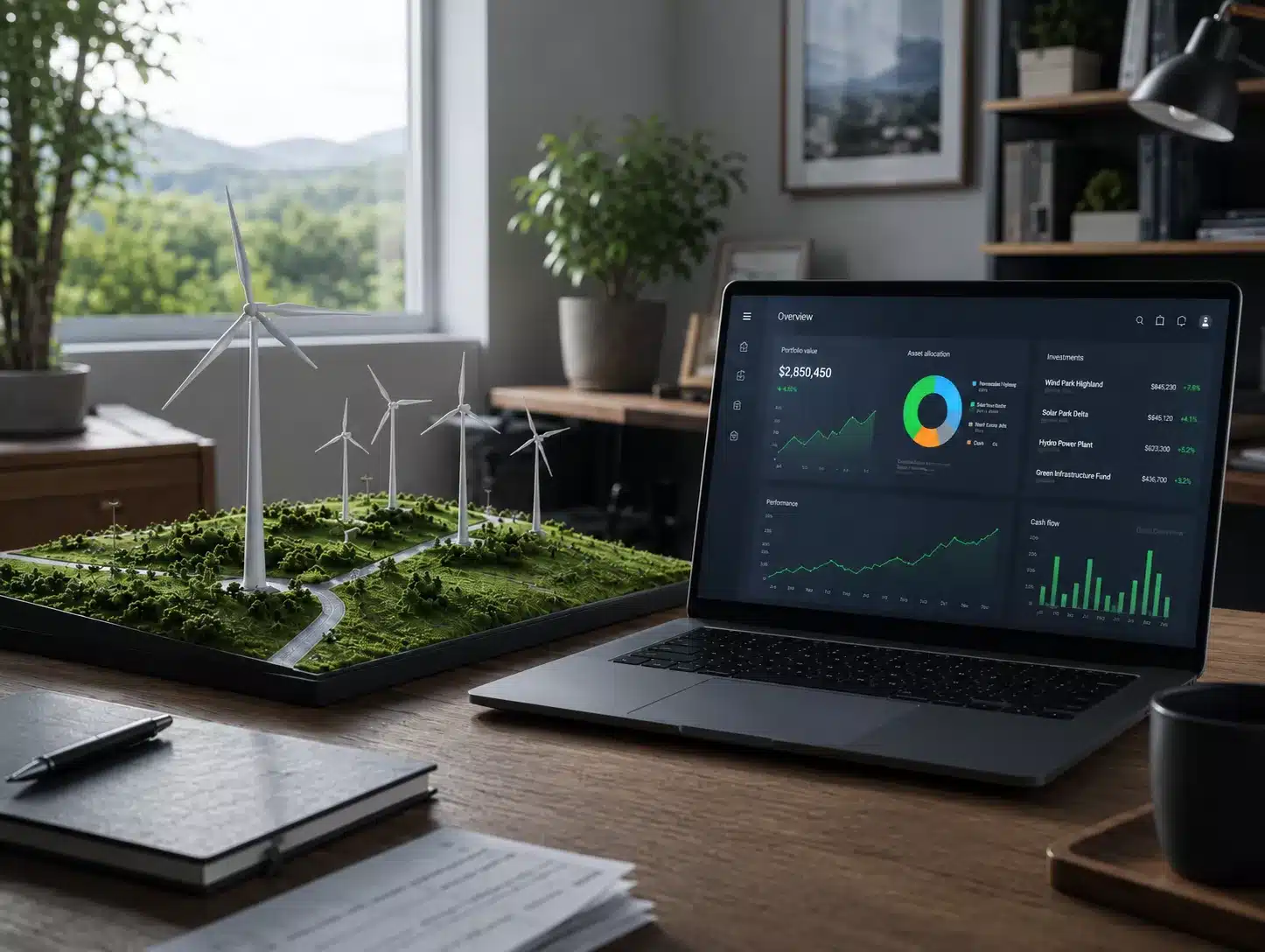 Auf einem Schreibtisch neben einem Windpark-Modell steht ein Laptop, auf dem Finanzdiagramme zu sehen sind, was auf Investitionsmöglichkeiten in Windparks hindeutet. Daneben liegen Papiere, ein Stift und Pflanzen, und durch das Fenster ist Grün zu sehen, was auf einen Schwerpunkt auf nachhaltige Energie und Finanzen hindeutet.