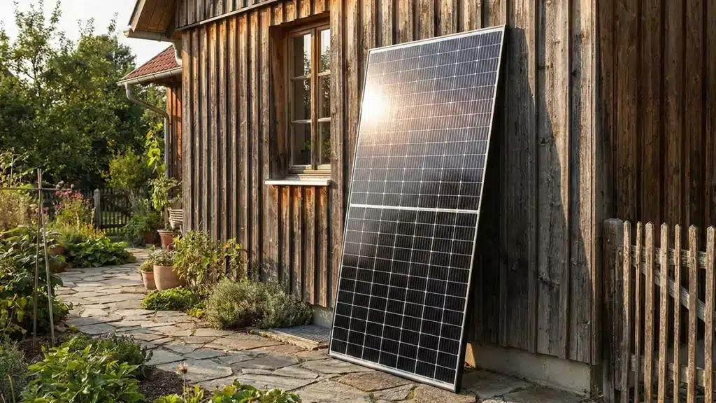 Ein großes Solarmodul lehnt an der hölzernen Außenwand eines Hauses und reflektiert das Sonnenlicht. Im Vordergrund schlängelt sich ein Steinweg durch einen Garten mit Pflanzen und Sträuchern - perfekt für alle, die einen Solarmodul-Vergleich in Betracht ziehen.