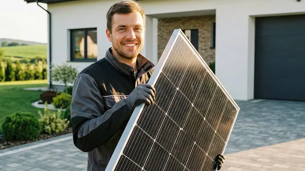Ein lächelnder Mann mit Arbeitshandschuhen und Jacke hält ein Solarmodul vor einem modernen Haus, das die Vorteile eines Solarmodulvergleichs veranschaulicht, mit einer gepflasterten Auffahrt und einem Garten im Hintergrund.