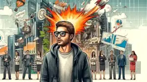 Mann mit Sonnenbrille und Explosion im Hintergrund